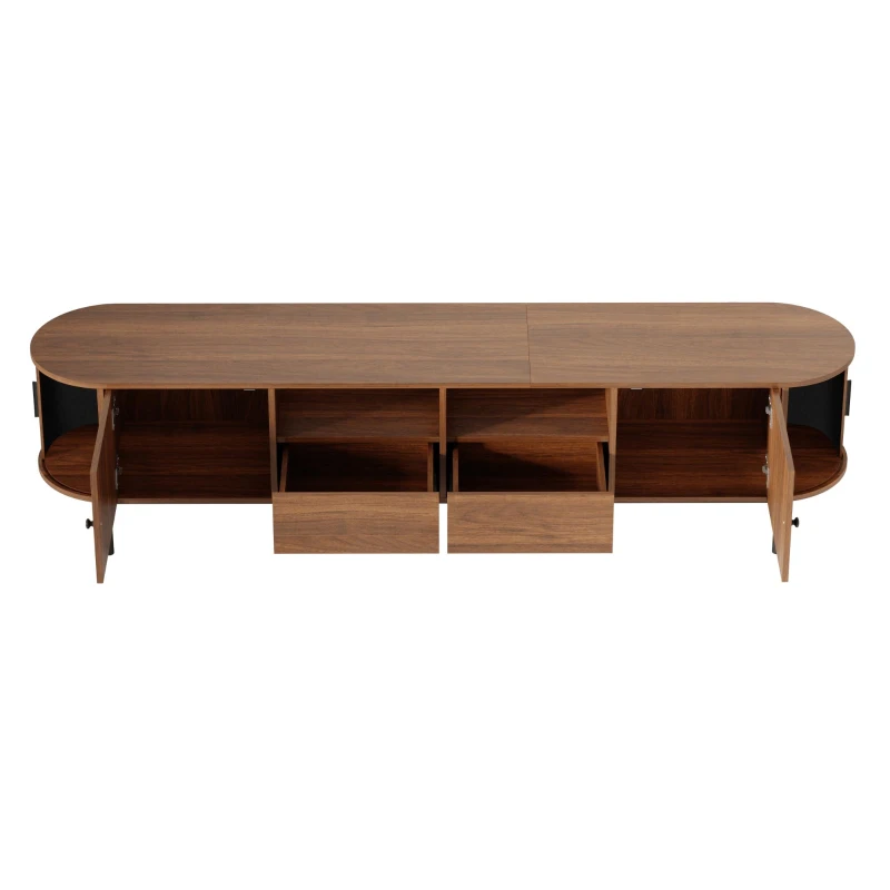 Space-Saving TV Stand with 2 Sliding Doors and 2 Drawers, Stylish TV Cabinet with Rattan Doors and Metal legs, 200L x 40W x 50H cm, Walnut