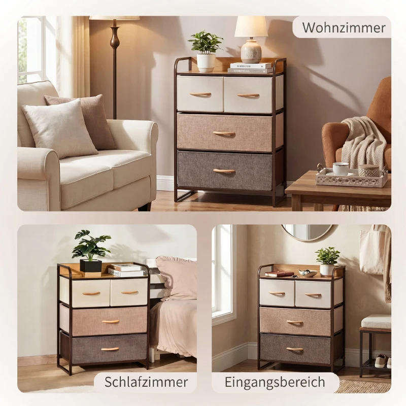 HOMCOM Kommode Schrank mit 4 Schubladen aus Leinen Aufbewahrungsschrank mit Metallrahmen für Schlafzimmer, Wohnzimmer