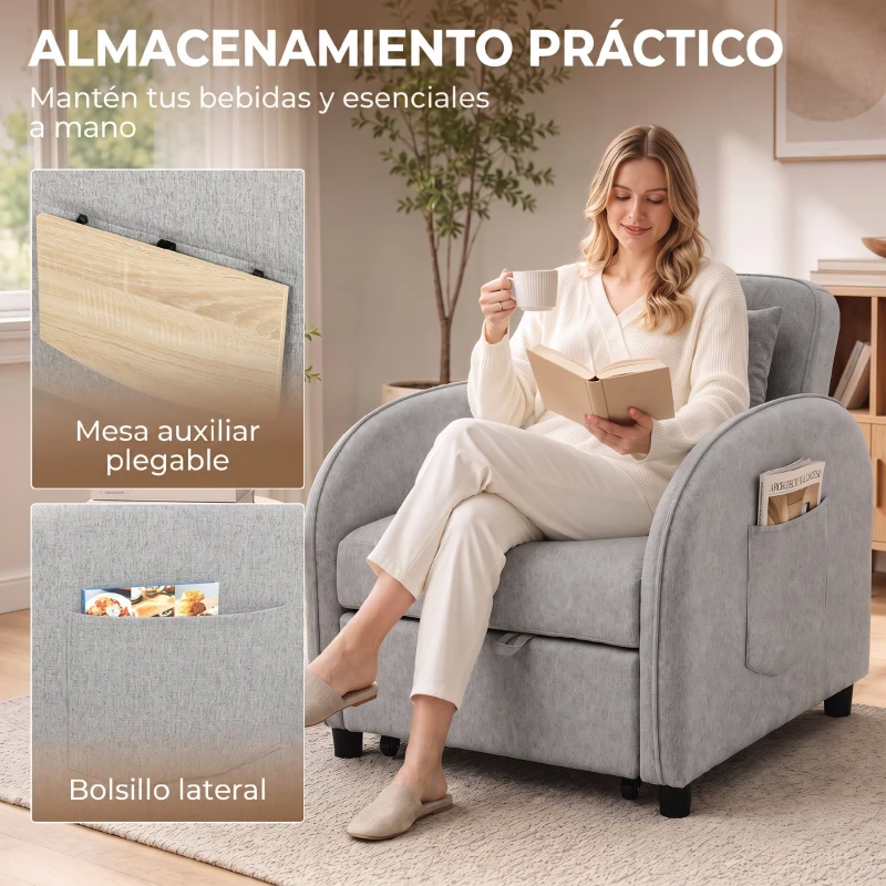 HOMCOM Sillón Cama Convertible 3 en 1 Sofá Cama 1 Plaza con Mesa Lateral Plegable Respaldo Ajustable Gris