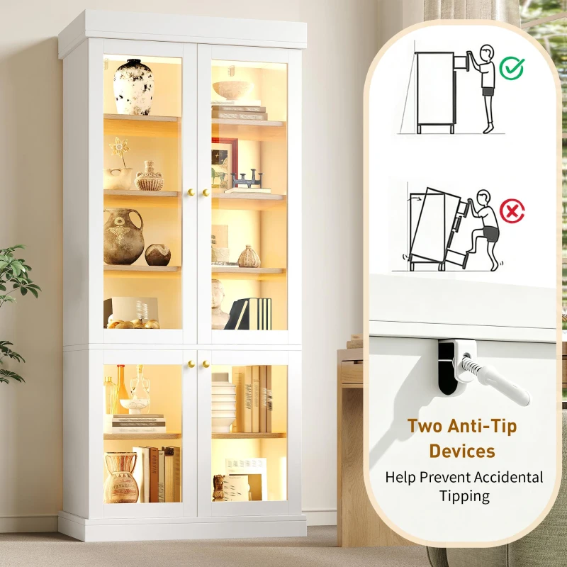 Modern Display Cabinet with Integrated LED Mood Lighting, Adjustable-Shelf Tall Bookcase for Industrial Interiors, 80L x 40W x 180H cm, White