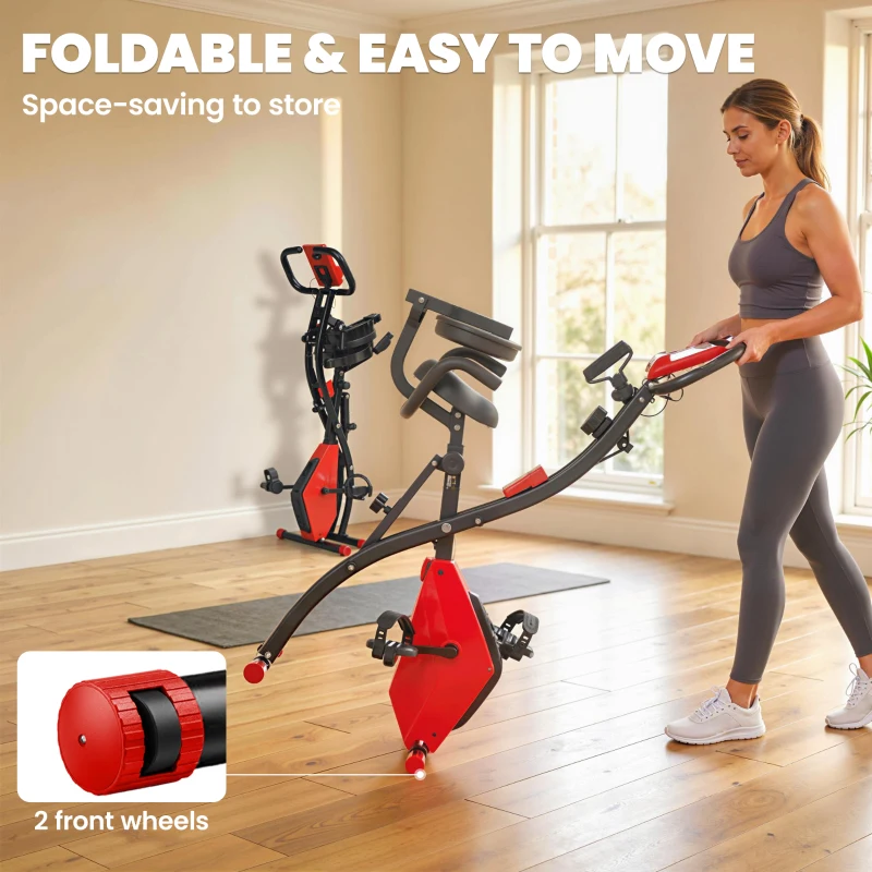 HOMCOM 2-in-1 Folding Exercise Bike with 8-Level Magnetic Resistance, Arm Resistance Band, Pulse Sensor, Red
