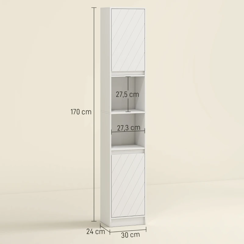 HOMCOM Mobile Colonna Bagno Salvaspazio in Legno con 2 Armadietti e Ripiani, 30x24x170 cm, Bianco