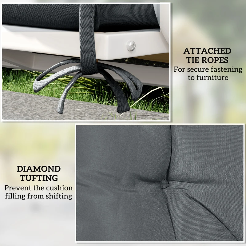 Outsunny 2 Seater Bench Pad, Garden Swing Chair Cushion with Back and Ties, Tufted Style Garden Furniture Window Seat Cushion for Indoor and Outdoor Use, 98 x 100 cm, Dark Grey