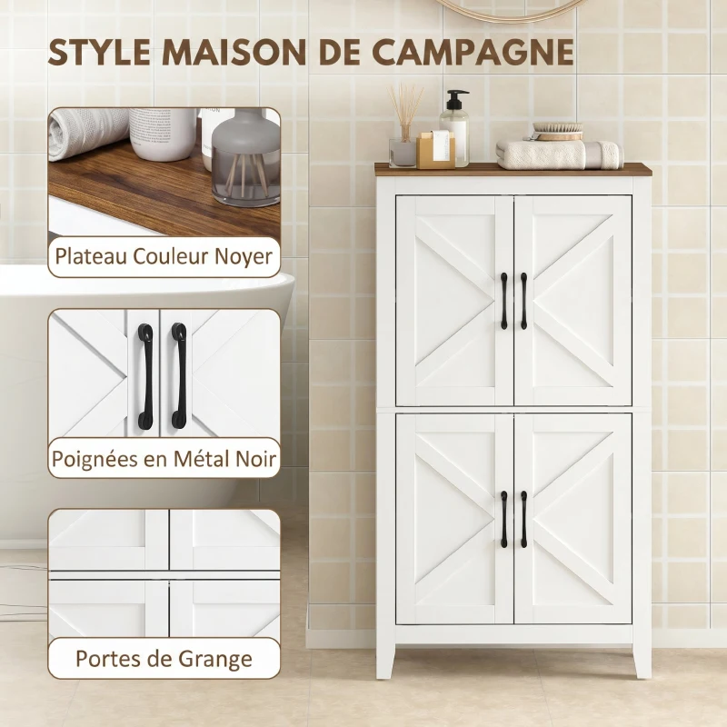 HOMCOM Meuble de salle de bain, meuble de rangement étroit avec 4 portes de grange et étagères réglables, blanc