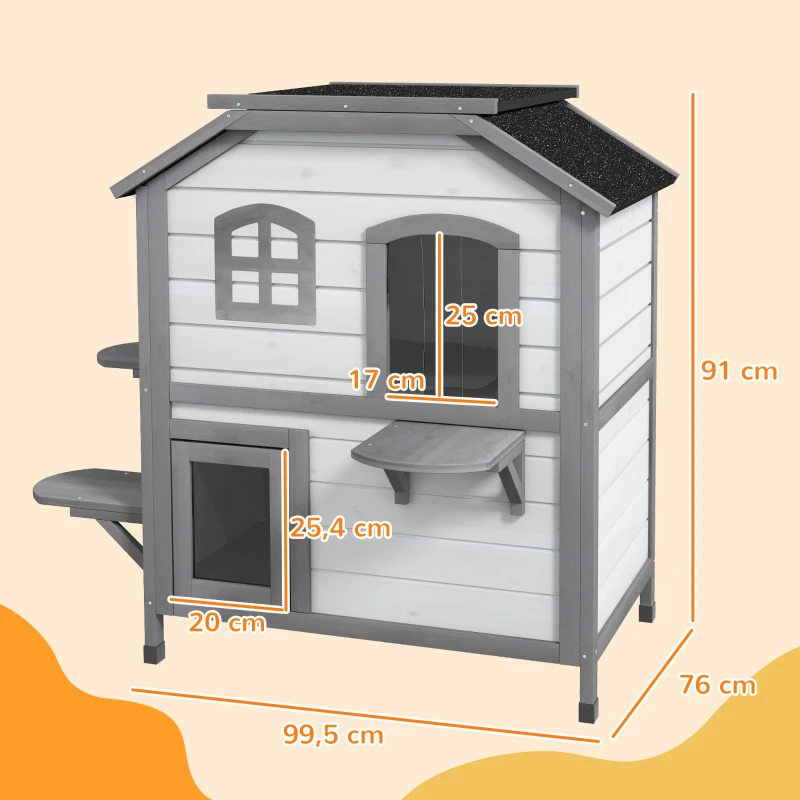 PawHut Katzenhaus Katzenhütte Katzenhöhle, 2 Stockwerke, wetterbeständig, 99,5 cm x 76 cm x 91 cm, Weiß + Grau(m-3)