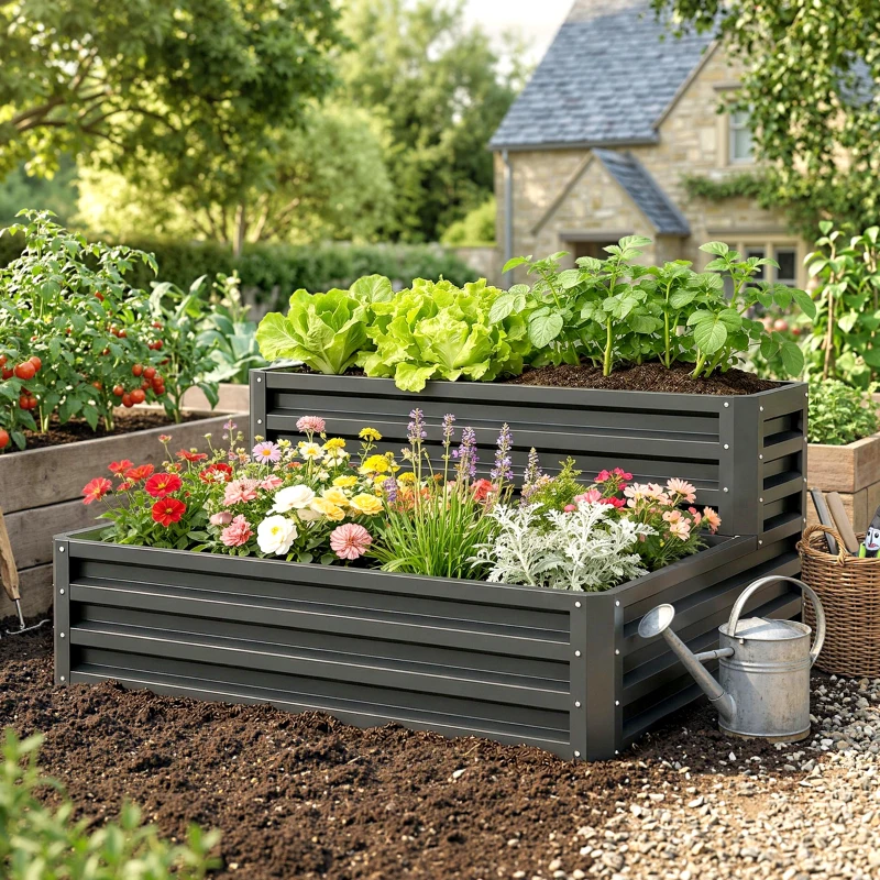 Outsunny Jardinera Exterior de Acero con Diseño de Escalera para Cultivos Plantas Flores 120x101x58 cm Gris Oscuro