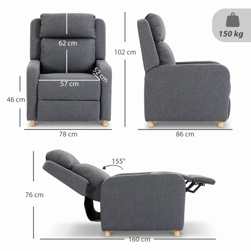 HOMCOM Sillón Relax Reclinable Manual Tapizado en Lino Instalación Rápida Reposapiés Acolchado Grueso y Patas de Madera Gris