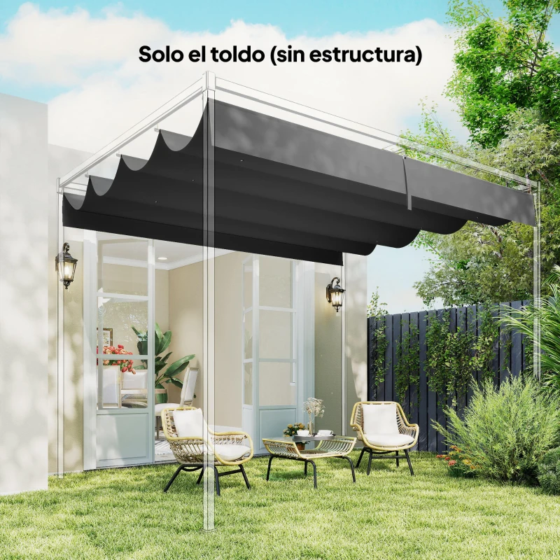 Outsunny Techo de Repuesto Retráctil 4x3,5 m para Marco de 4x3 m Toldo de Tela Solo para Cenador Jardín con 8 Orificios Gris