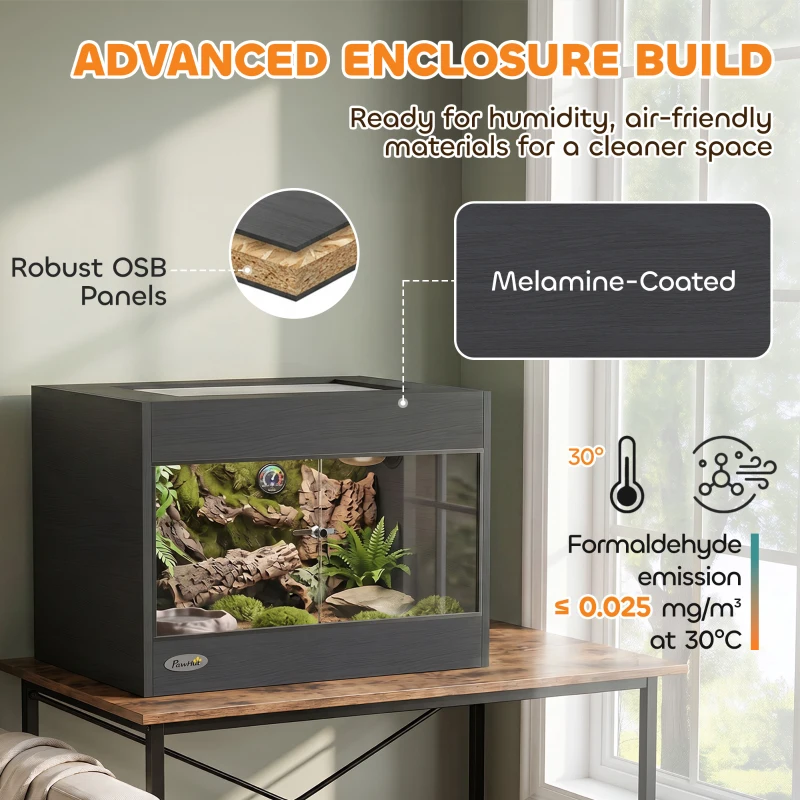 PawHut Reptile Terrarium, Reptile Vivarium with  Glass Doors, Secure Lock, Top Ventilation for Snake, Gecko, 60x45x45cm, Black