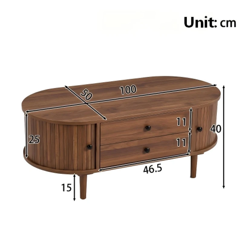 Spacious Room Table with Sliding Doors and 2 Drawers, Retro Oval Coffee Table with Vertical Slats and Clean Lines, 100L x 50W x 40H cm, Walnut