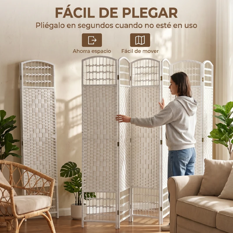 HOMCOM Biombo Separador de Ambientes de 6 Paneles Plegable de Cuerda de Papel 160x170cm Decoración para Dormitorio Blanco
