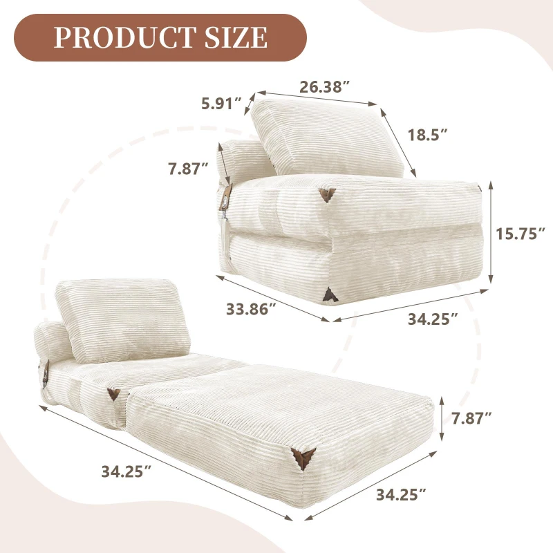 3-in-1 Convertible Corduroy Floor Sofa Bed with Side Pockets, Oversized Chaise Lounge with High-Density Sponge, 87L x 86W x 40H cm, White