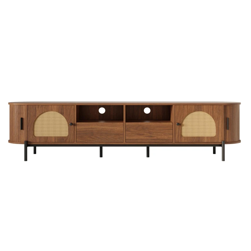 Space-Saving TV Stand with 2 Sliding Doors and 2 Drawers, Stylish TV Cabinet with Rattan Doors and Metal legs, 200L x 40W x 50H cm, Walnut