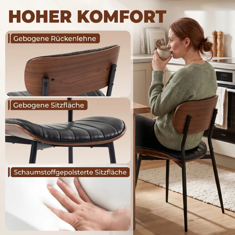 HOMCOM Esszimmerstühle 2er Set Küchenstühle Moderne Polsterstuhl mit Sitzfläche aus Kunstleder, Geschwungener Rückenlehne