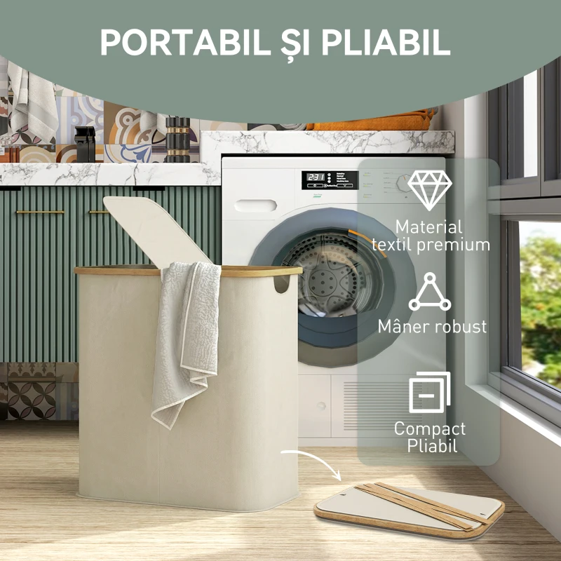 HOMCOM Coș Pentru Rufe 80L cu Capac Din Bambus, Bej