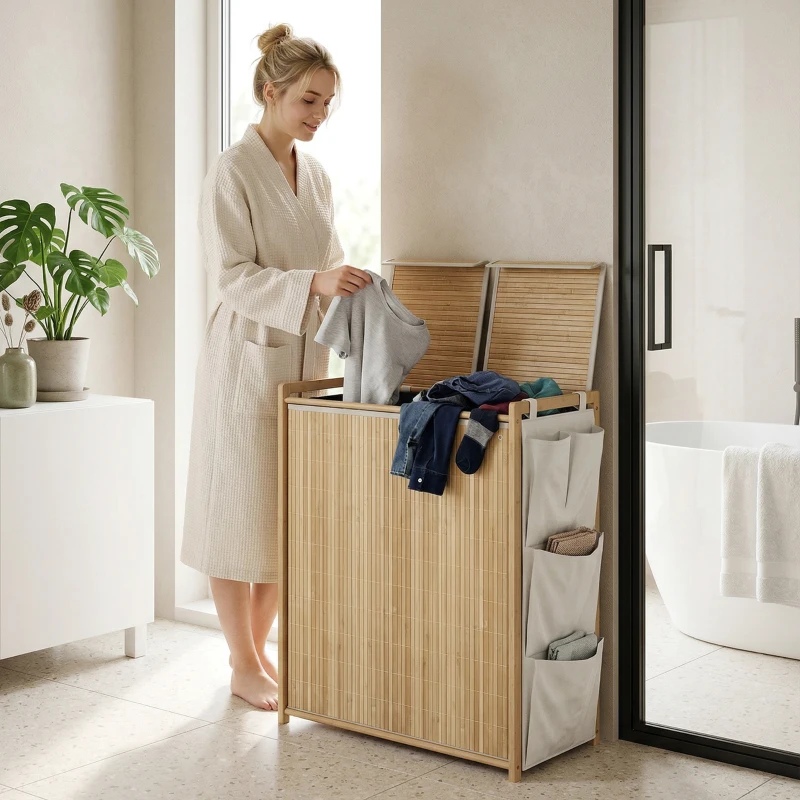 HOMCOM Cesto de Ropa Sucia de Bambú con Tapa 120L con 2 Bolsas con Cordón Extraíbles y Lavables Bolsillos Laterales Natural