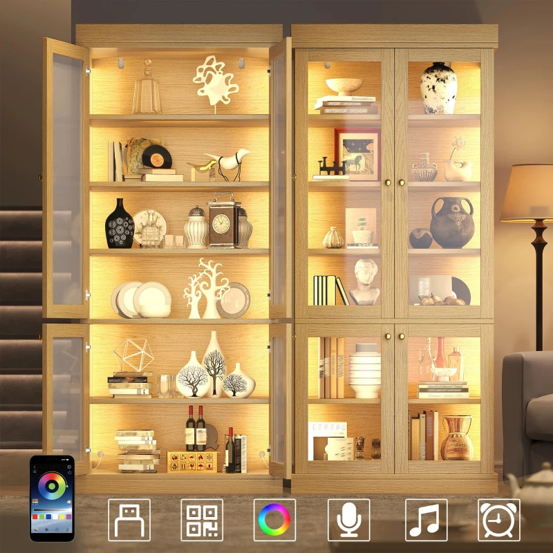 Modern Freestanding Display Cabinet with Height-Adjustable Shelves, LED Lighted Tall Showcase for Industrial Interiors, 80L x 40W x 180H cm, Natural