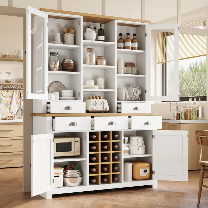 Kitchen Pantry Cabinet with Wine Rack and Adjustable Shelves, Glass-Door Buffet Sideboard with 5 Deep Drawers, 120L x 40W x 185H cm, White