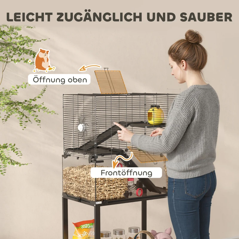 PawHut Hamsterkäfig, Kleintiergehege mit 3 Ebenen, Laufrad, Hütte, Plattformen, Rampen, Futterschale, Wasserflasche, Zubehör, Stahl, Kunststoff, Schwarz
