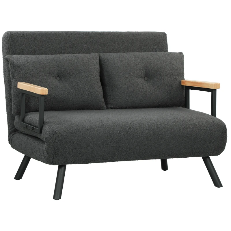 HOMCOM Schlafsofa 2er-Sofa mit Schlaffunktion, inkl. 2 Kissen, Sherpa-Optik, Natur + Dunkelgrau + Schwarz