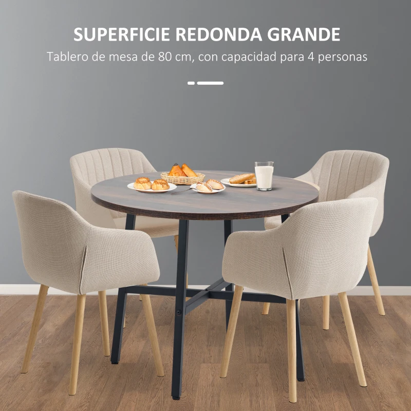 HOMCOM Mesa de Comedor Redonda Mesa de Cocina para 4 Personas con Patas de Acero para Salón Ø80x76 cm Marrón Rústico y Negro