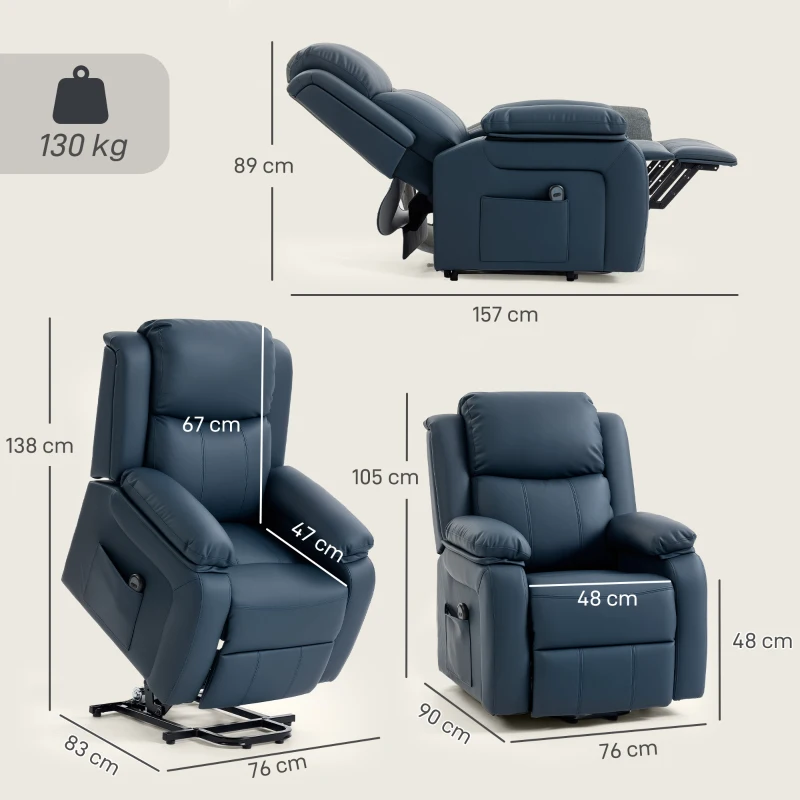 HOMCOM Sillón Relax Levanta Personas Sillón Elevador con Control Remoto Reclinación Eléctrica 160° Reposapiés 76x90x105cm Azul