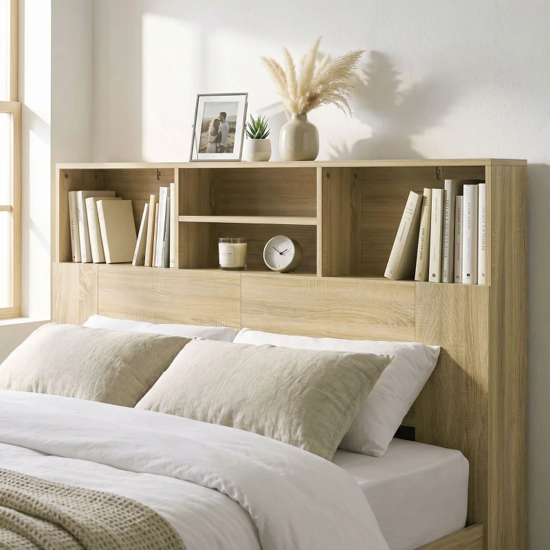HOMCOM Cabecero de Cama 140 cm con Almacenaje Cabezal de Cama con 4 Compartimentos Abiertos para Dormitorio Roble