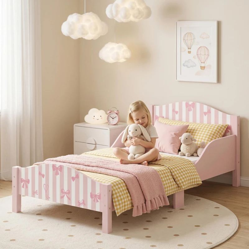 AIYAPLAY Cama Montessori para Niños 3-6 Años 146x76,5 cm con Protectores Anticaídas Forma de Lazo para Dormitorio Rosa