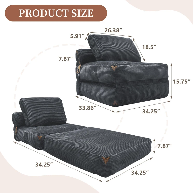 3-in-1 Convertible Corduroy Floor Sofa Bed with Side Pockets, Oversized Chaise Lounge for Bedrooms or Student Dorms, 87L x 86W x 40H cm, Gray