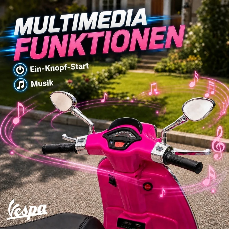 AIYAPLAY Elektro-Kindermotorrad, Vespa, 3 km/h, 3-6 Jahre, Musik, Licht & Radio, Rosa