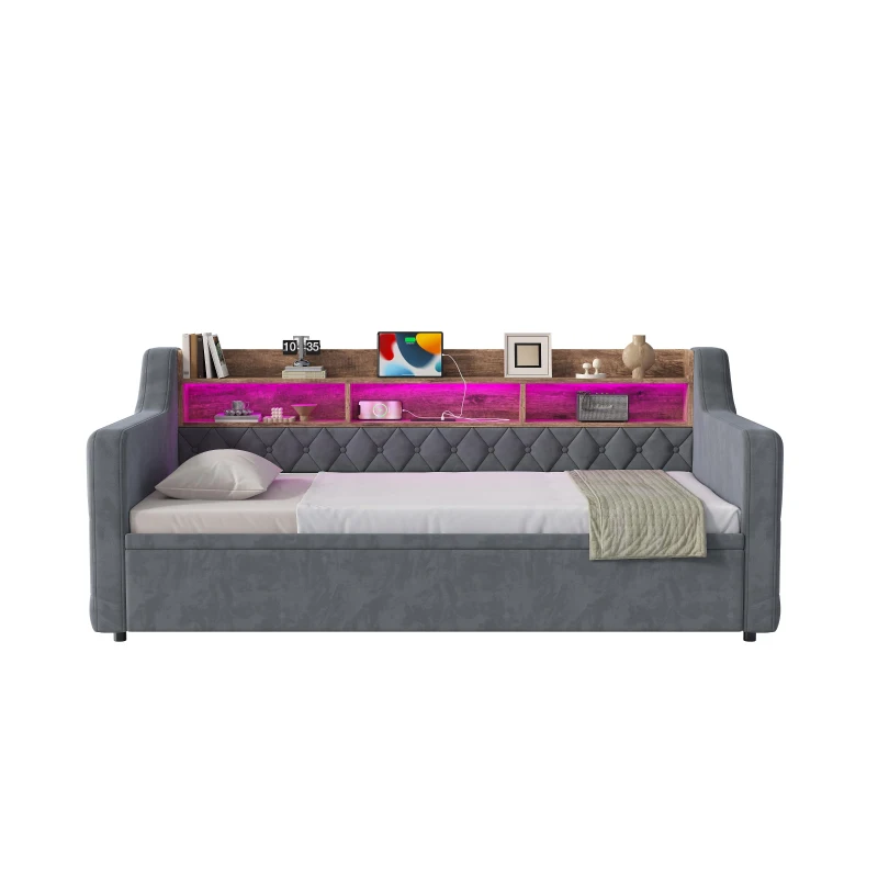 90x190 cm Sofa Bed with Velvet Upholstery, 2-in-1 Space-Saving Daybed for Modern Homes, 201L x 107W x 80H cm, Dark Gray