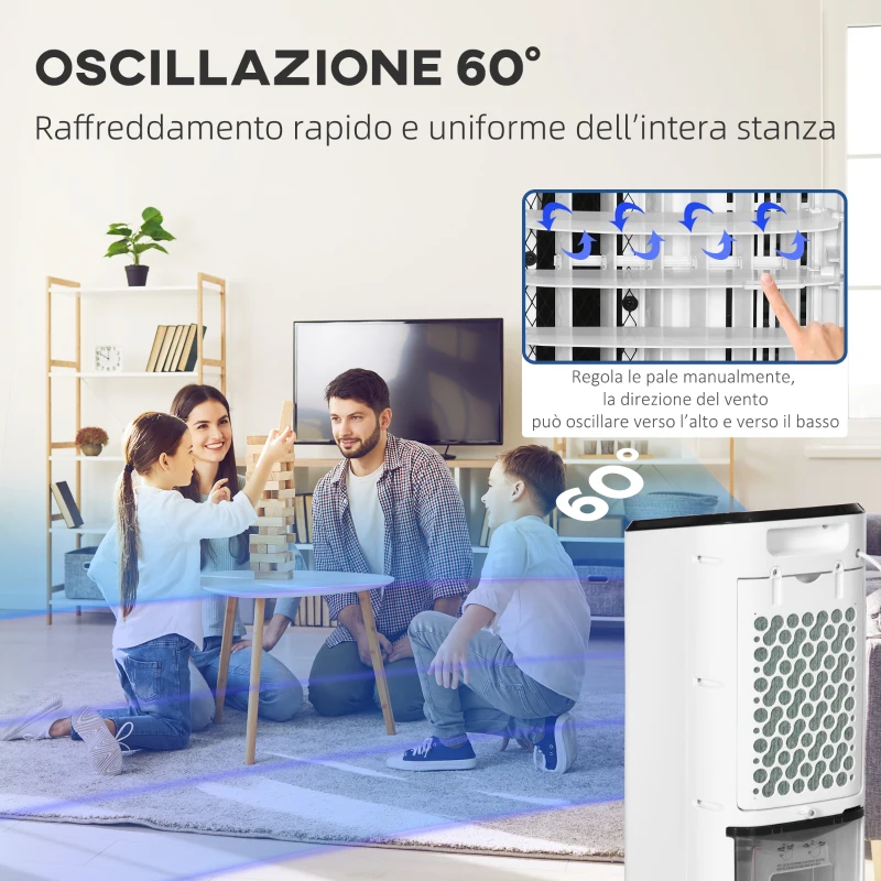 HOMCOM Raffrescatore Evaporativo 3 in 1, Ventilatore, Umidificatore con Ghiaccio e Deumidificatore, Bianco