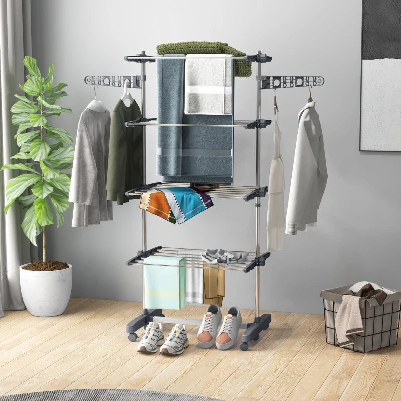 HOMCOM Tendedero Vertical de 4 Niveles con Ruedas 2 Laterales Abatibles Estantes Ajustables y Marco de Acero Gris y Plata