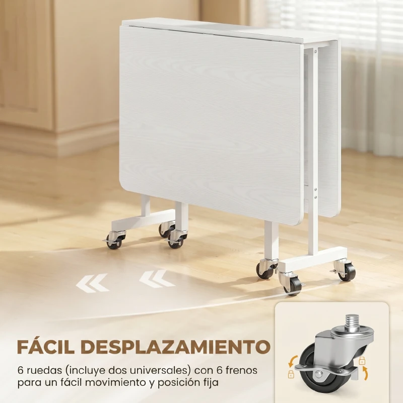 HOMCOM Mesa de Comedor Plegable para 4-6 Personas con Ruedas y Alas Abatibles Mesa Abatible para Cocina 120x80x73 cm Blanco