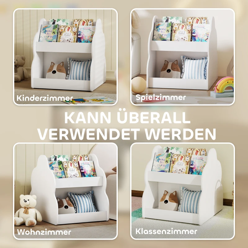 AIYAPLAY Kinderregal, 2-stöckiges Kinder-Bücherregal mit Rädern, 4 Regalen, für Kinderzimmer, Spielzimmer, 54x50x56 cm, Weiß