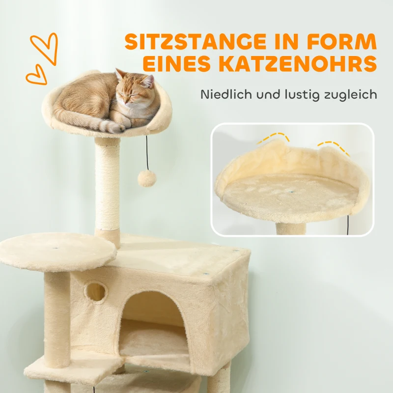 PawHut Kratzbaum 140 cm Katzenturm mit Hängematte, Leiter, Höhle, 2 Plüschballen, Sisalstämme, 48 x 48 x 140 cm, Beige