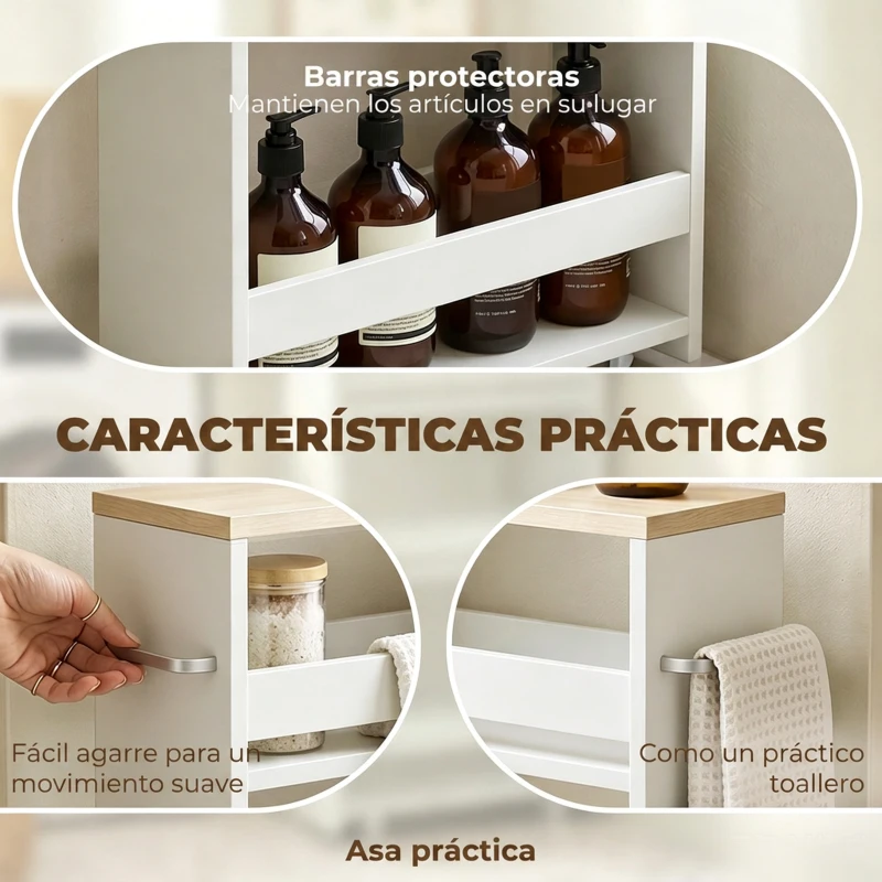 kleankin Armario Auxiliar de Baño Carrito con 3 Estantes y Ruedas para Espacios Estrechos 50x13x67,5 cm Blanco