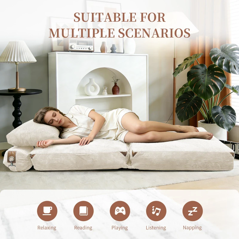 3-in-1 Convertible Corduroy Floor Sofa Bed with Side Pockets, Oversized Chaise Lounge with High-Density Sponge, 87L x 86W x 40H cm, White