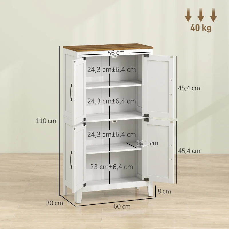 HOMCOM Meuble de salle de bain, meuble de rangement étroit avec 4 portes de grange et étagères réglables, blanc