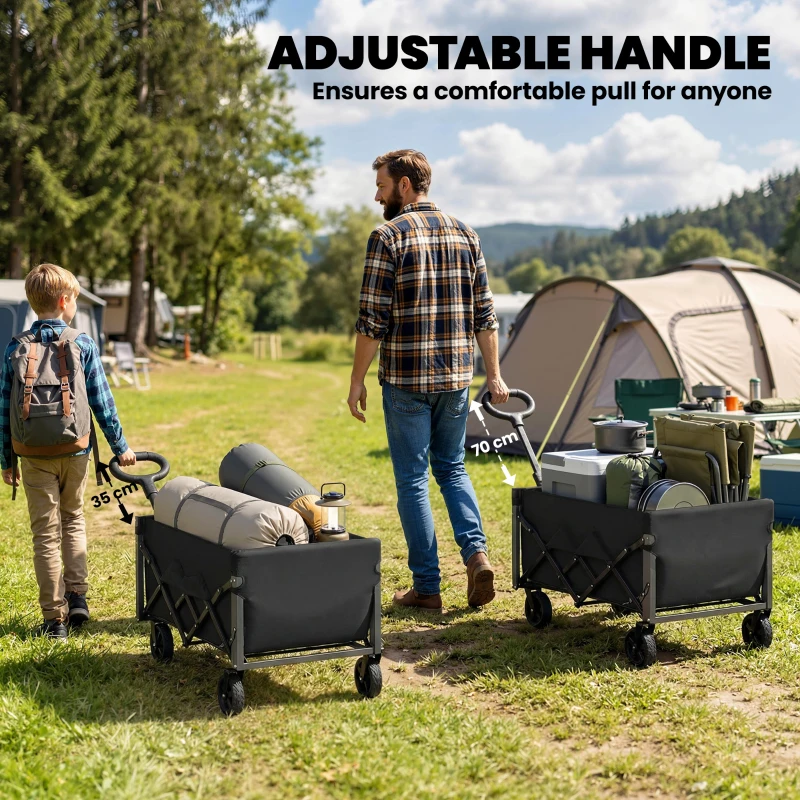Outsunny 60L Foldable Festival Trolley on Wheels, Collapsible Wagon Cart with Drop-Down Tailgate, Adjustable Handle, Black