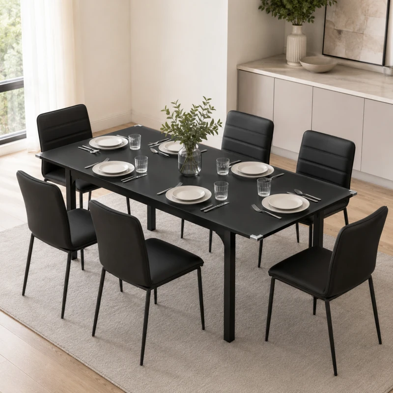 HOMCOM Table à manger extensible de 4 à 6 personnes, pieds en acier, pour petits espaces, salle à manger, noir