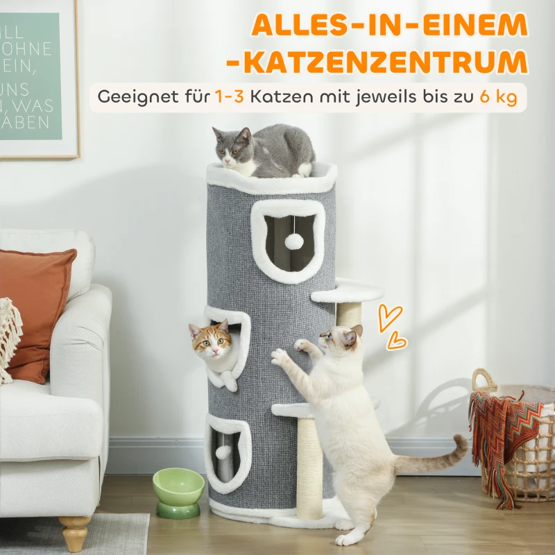 PawHut 101 cm Katzenturm, 3 Ebenen, 3 Schlafhöhlen, Spielbälle, Kratzpfosten, Sisal, Spanplatte, Grau