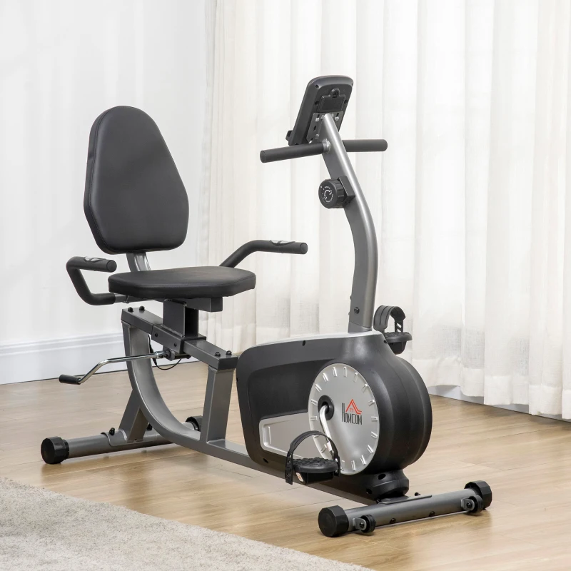 HOMCOM Bicicleta Estática con Respaldo 8 Niveles de Resistencia Magnética Longitud Ajustable Pantalla LCD para Casa Gris
