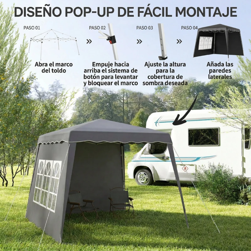 Outsunny Carpa Plegable Pop-up 2,89x2,89m Cenador Pabellón de Jardín con Paredes Laterales Altura Ajustable Protección UV50+ Gris