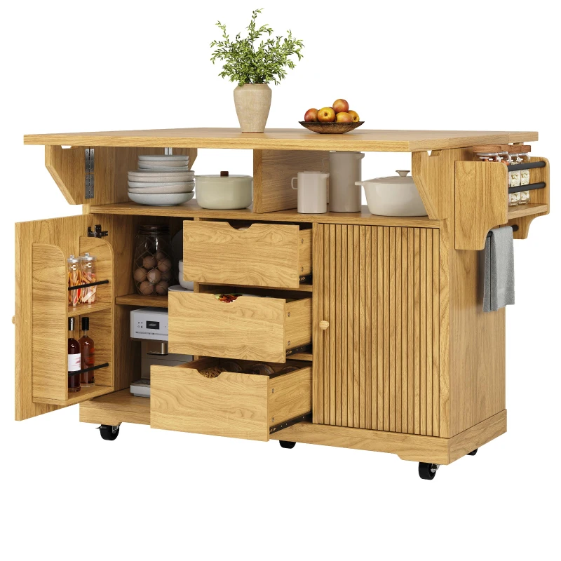 Foldable Serving Trolley with Ample Storage and Snack Racks, Mobile Kitchen Island for Balconies or Dining Room, 142.5L x 40W x 95H cm, Natural+Light Brown