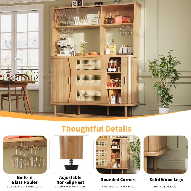 Adjustable-Feet Dining Room Cupboard with Wine Glass Holders, High-quality Sideboard with for Kitchen or Hallways, 140L x 40.5W x 174.5H cm, Wood