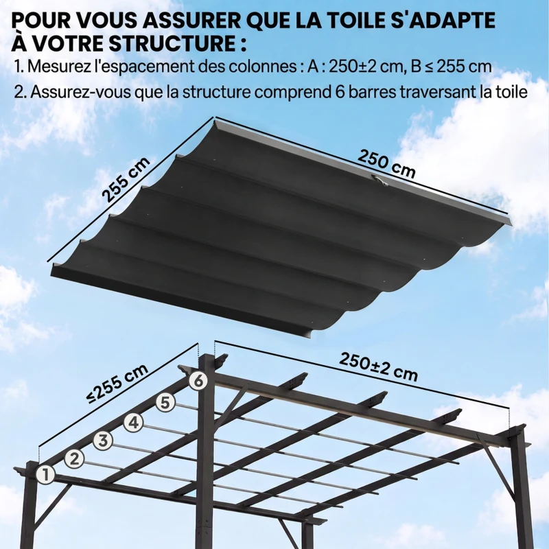 Outsunny Toile de toit pour pergola tonnelle rétractable de 3 x 3 m - toile uniquement 250 x 255 cm gris foncé