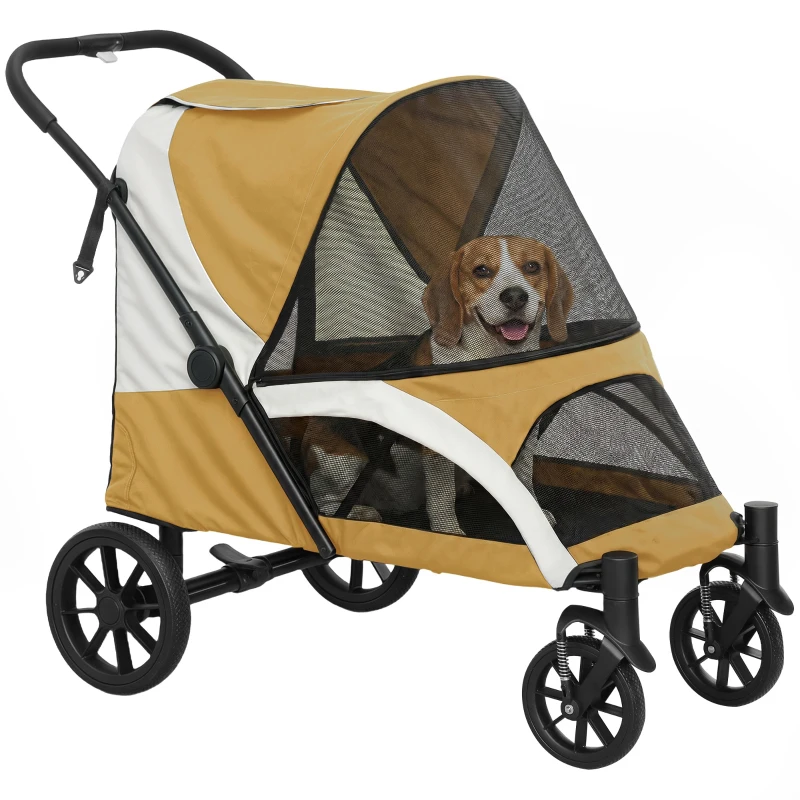 PawHut Hundewagen, Faltbarer Hundebuggy für mittelgroße Hunde, Haustierwagen mit 4 Rädern, Sicherheitsleinen, Bremsen, Braun