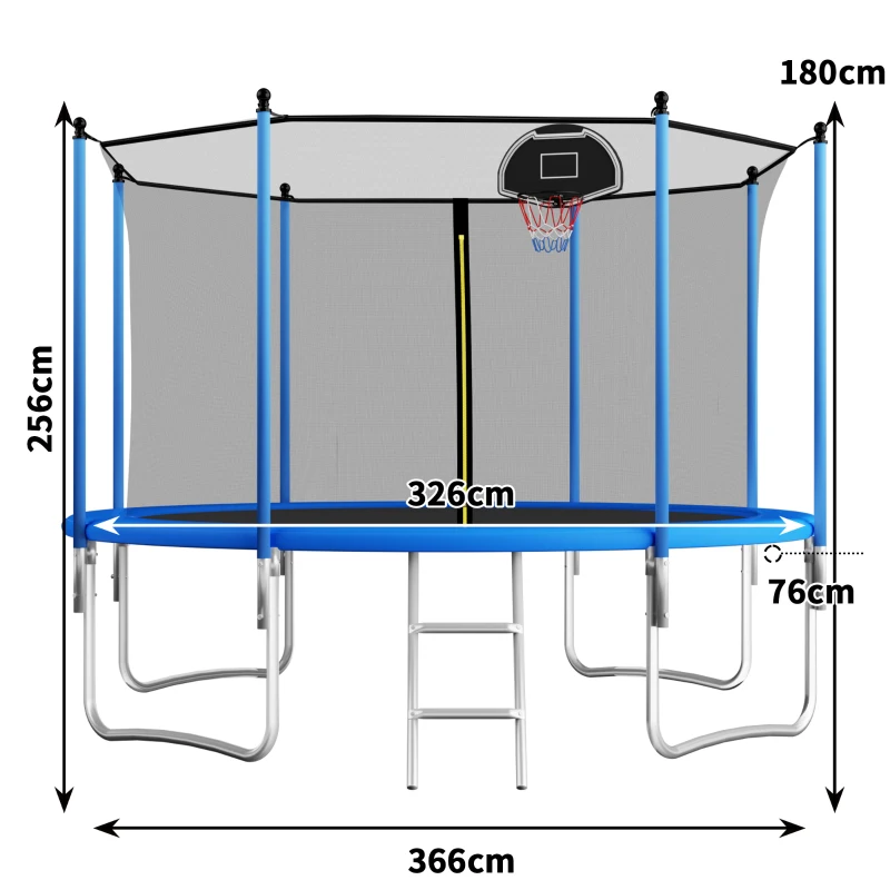 Trampolino da esterno, traverse rinforzate per le gambe, rete di sicurezza con doppia imbottitura, 366x366x256 cm, Blu