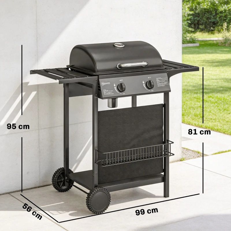 Outsunny Barbacoa de Gas BBQ Gas con 2 Quemadores 5 kW Termómetro Mesas Laterales Estante Rejilla Calentadora 2 Ruedas Negro